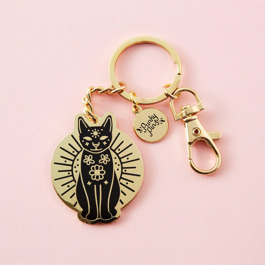 Punky Pins Enamel Keyring - Gold and Black Mystic Cat
