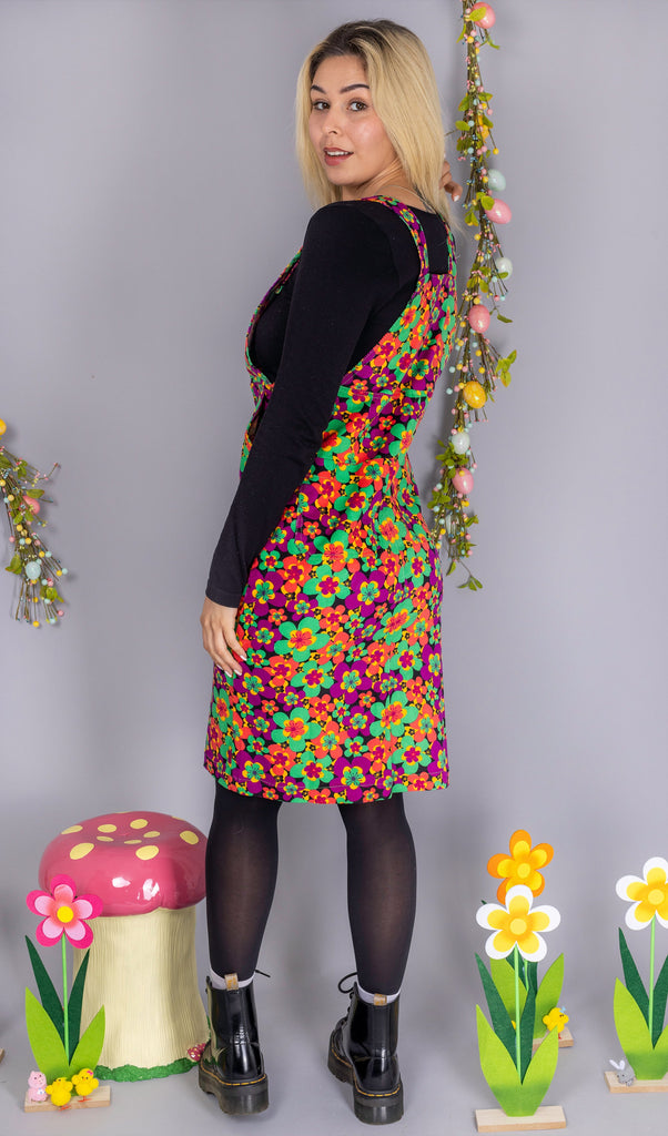 70's Dark Floral Corduroy Long Pinafore Dress