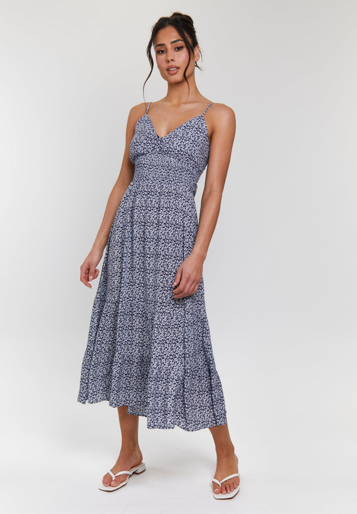 Navy Ditsy Floral Tie Back Dress