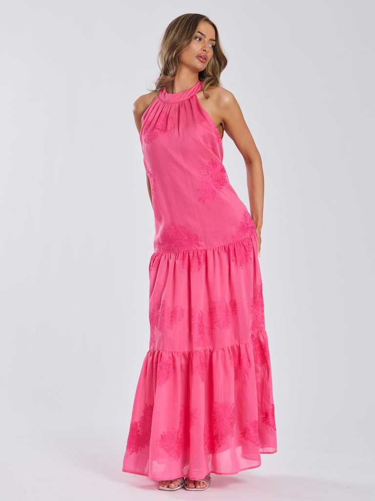 Hot Pink Embroidered Maxi Dress