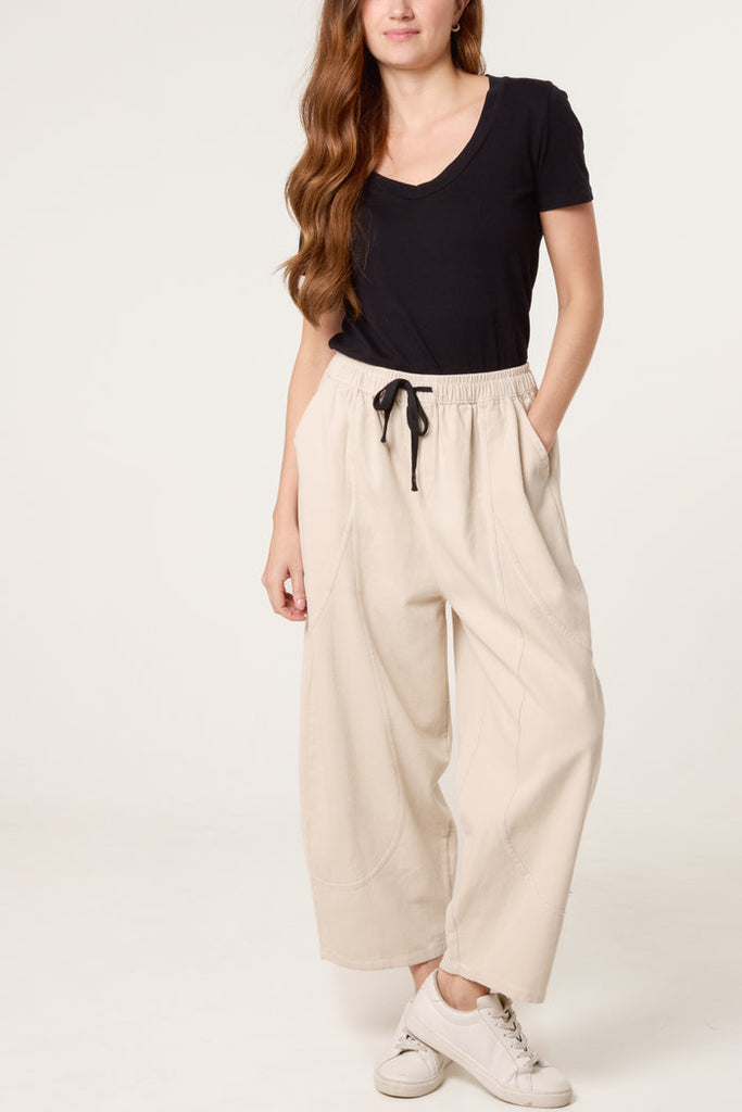 Top Stitch Barrel Leg Trousers - Stone