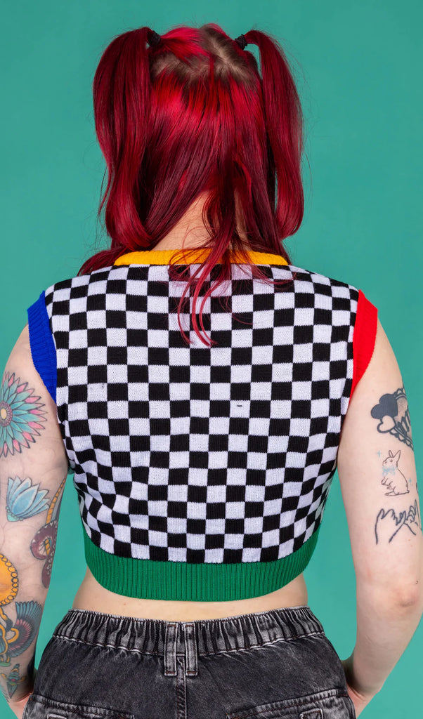 Colour Block Checkerboard Cropped Knitted Tank Top Vest