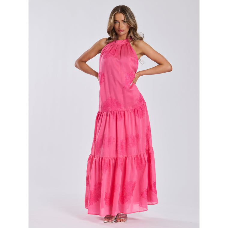 Hot Pink Embroidered Maxi Dress