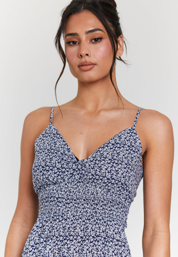 Navy Ditsy Floral Tie Back Dress