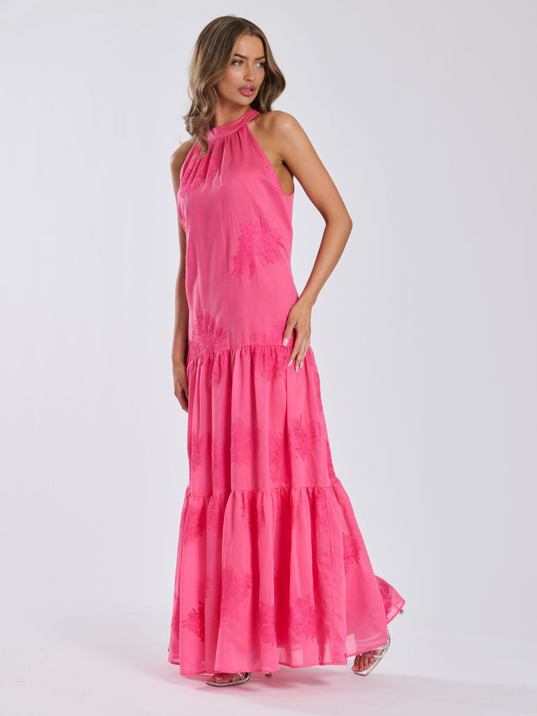 Hot Pink Embroidered Maxi Dress
