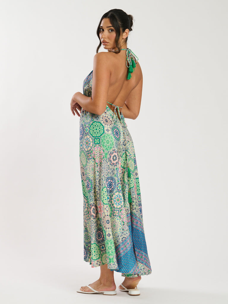Green Printed Halter Scarf Maxi Dress
