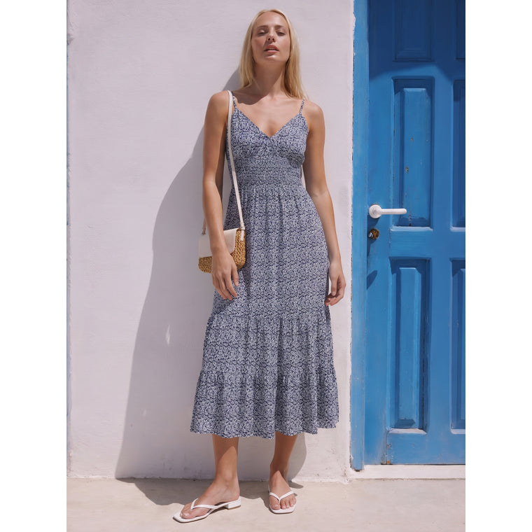 Navy Ditsy Floral Tie Back Dress