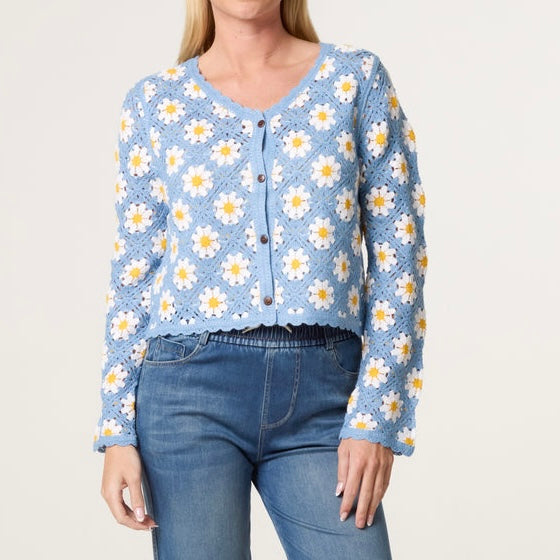 Daisy Crochet Cardigan - Blue