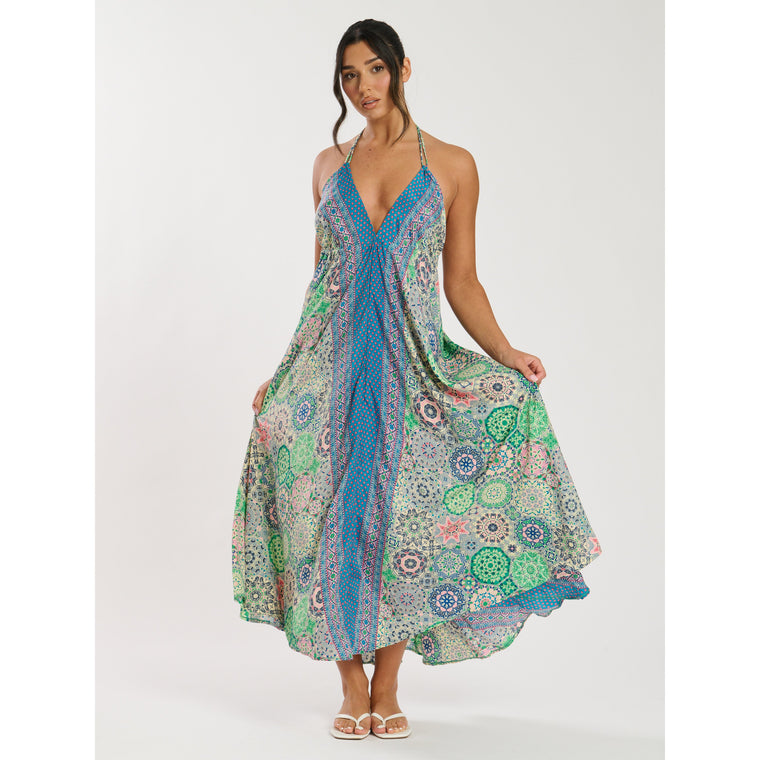 Green Printed Halter Scarf Maxi Dress