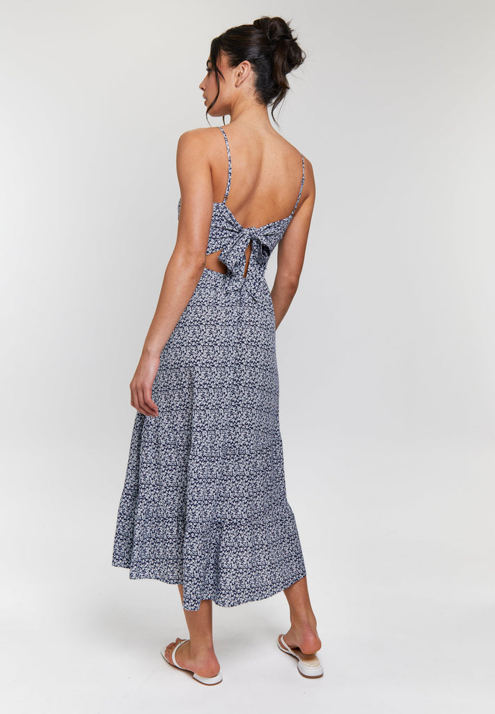 Navy Ditsy Floral Tie Back Dress