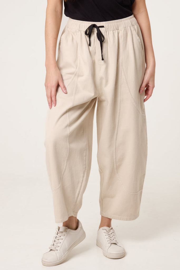 Top Stitch Barrel Leg Trousers - Stone
