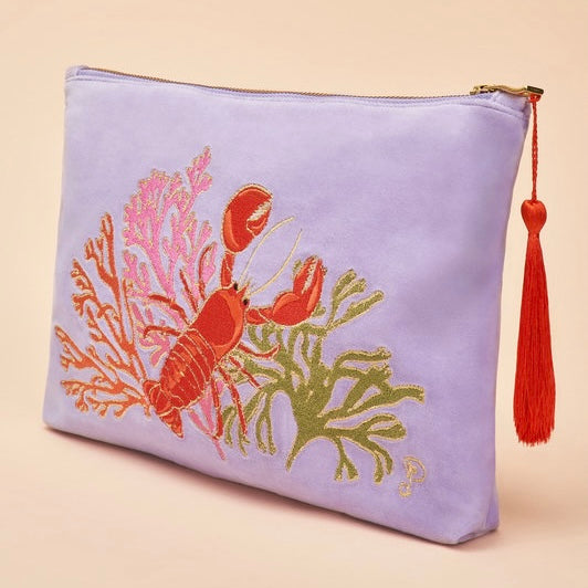 Velvet Embroidered Zip Pouch - Lobster Buddies