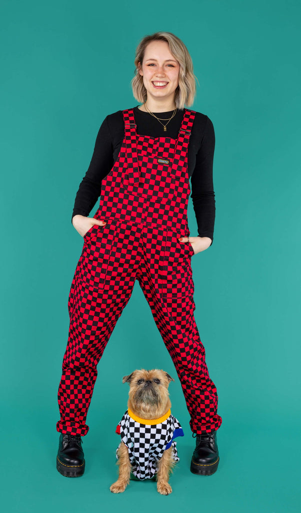 Black & Viva Magenta Checkerboard Stretch Twill Dungarees