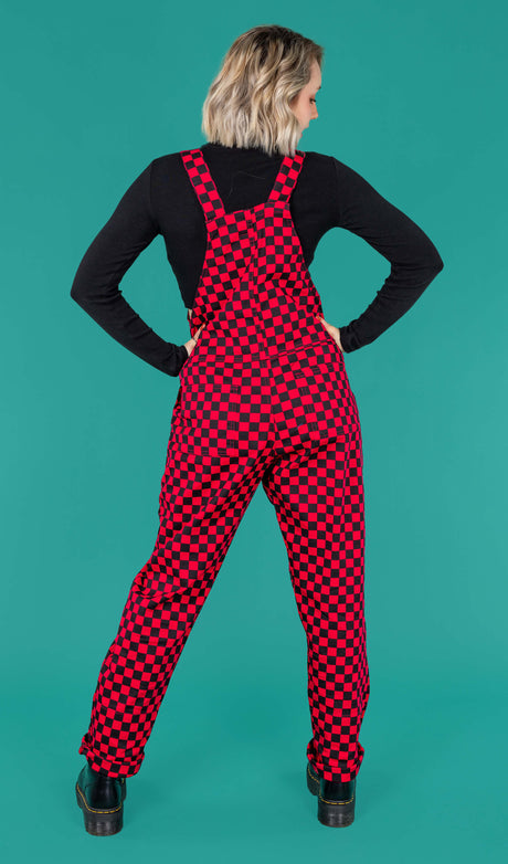 Black & Viva Magenta Checkerboard Stretch Twill Dungarees