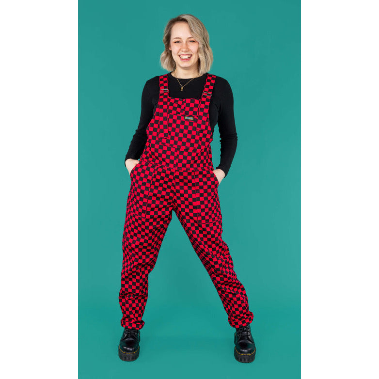 Black & Viva Magenta Checkerboard Stretch Twill Dungarees