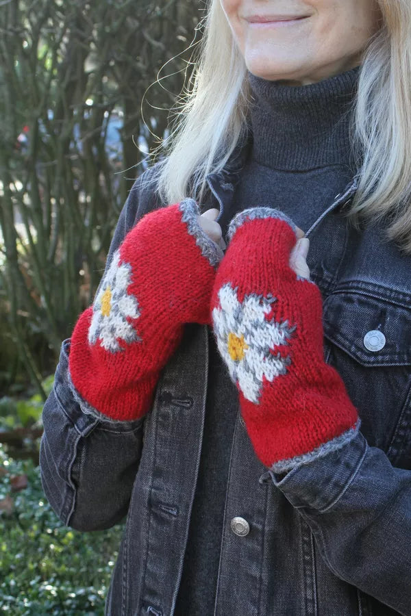 Pachamama Daisy Handwarmer Fingerless Gloves - Red