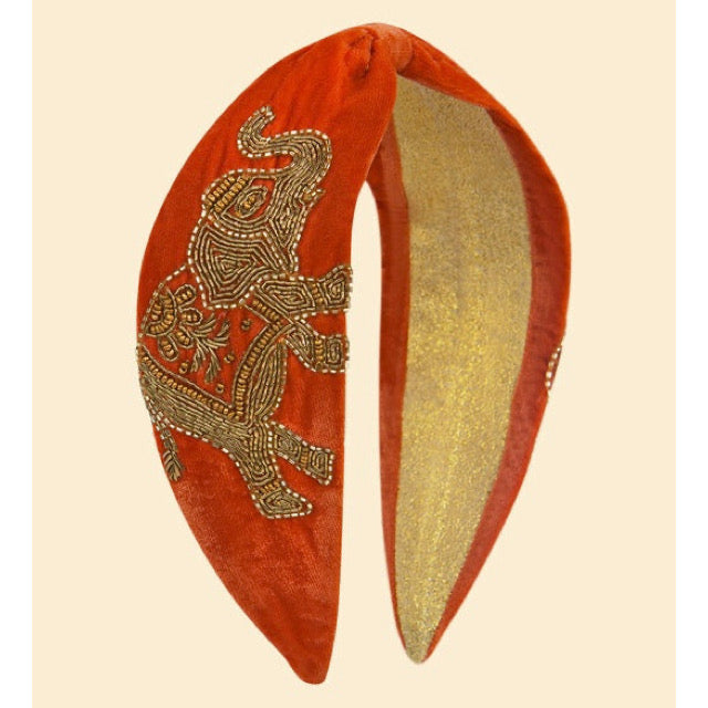 Velvet Beaded Headband - Elephant in Terracotta