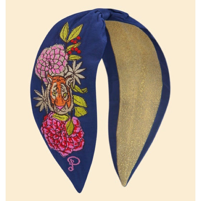 Satin Embroidered Headband - Floral Tiger Face in Indigo