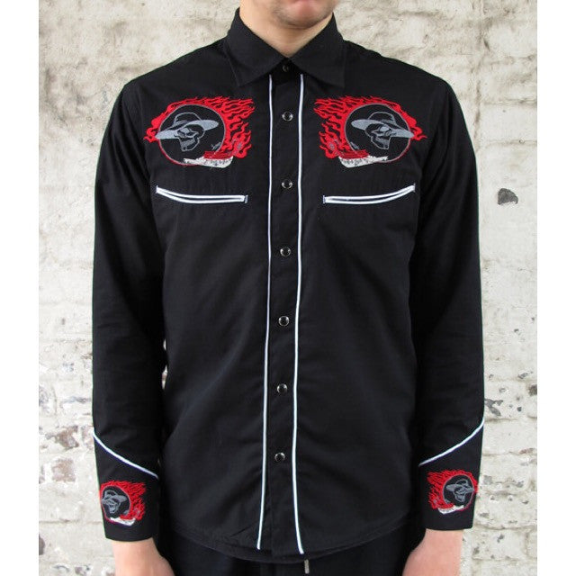 Cowboy Shirt - Black with Red Skull & Flame Embroidery