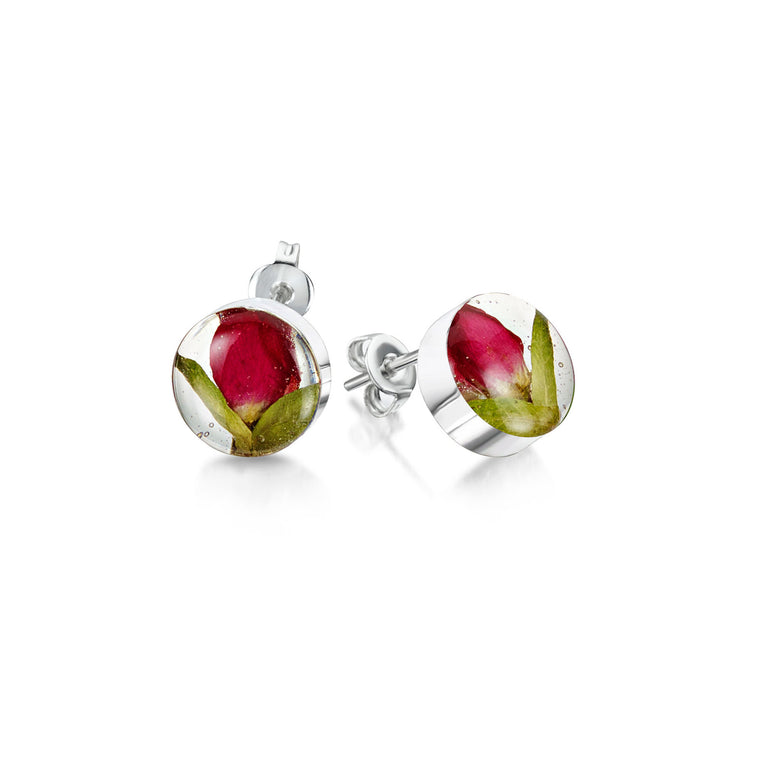 Real Rose Bud Stud Earrings - Round