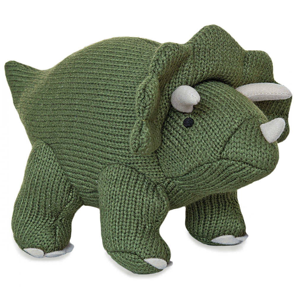 Moss Green Triceratops Knitted Dinosaur Rattle Soft Toy