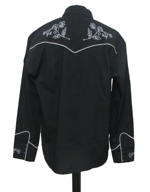 Mens Cowboy Shirt - Black with White Floral Embroidery
