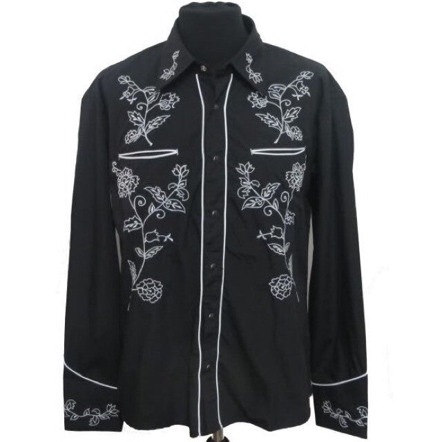 Cowboy Shirt - Black with White Floral Embroidery