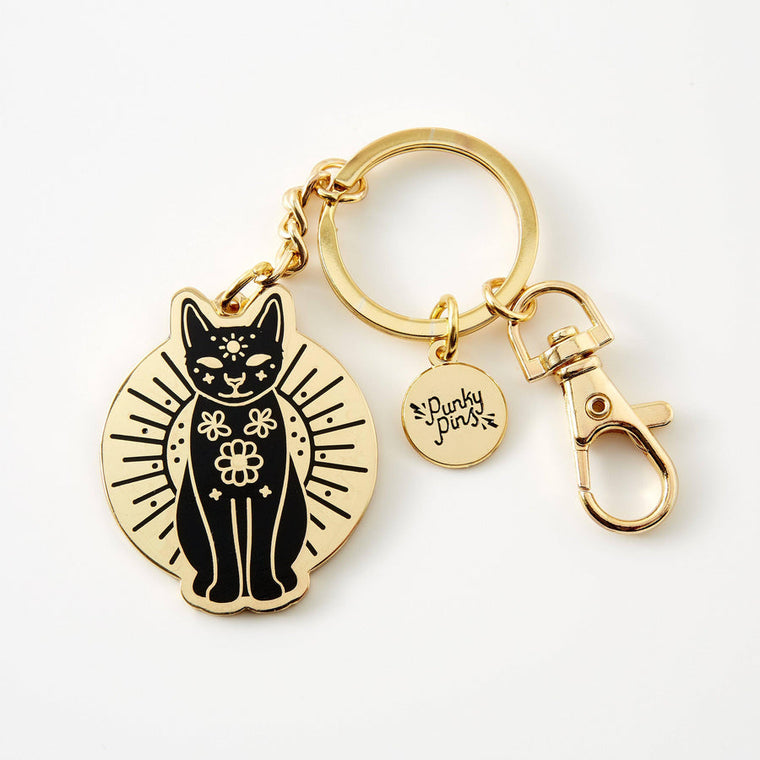 Punky Pins Enamel Keyring - Gold and Black Mystic Cat