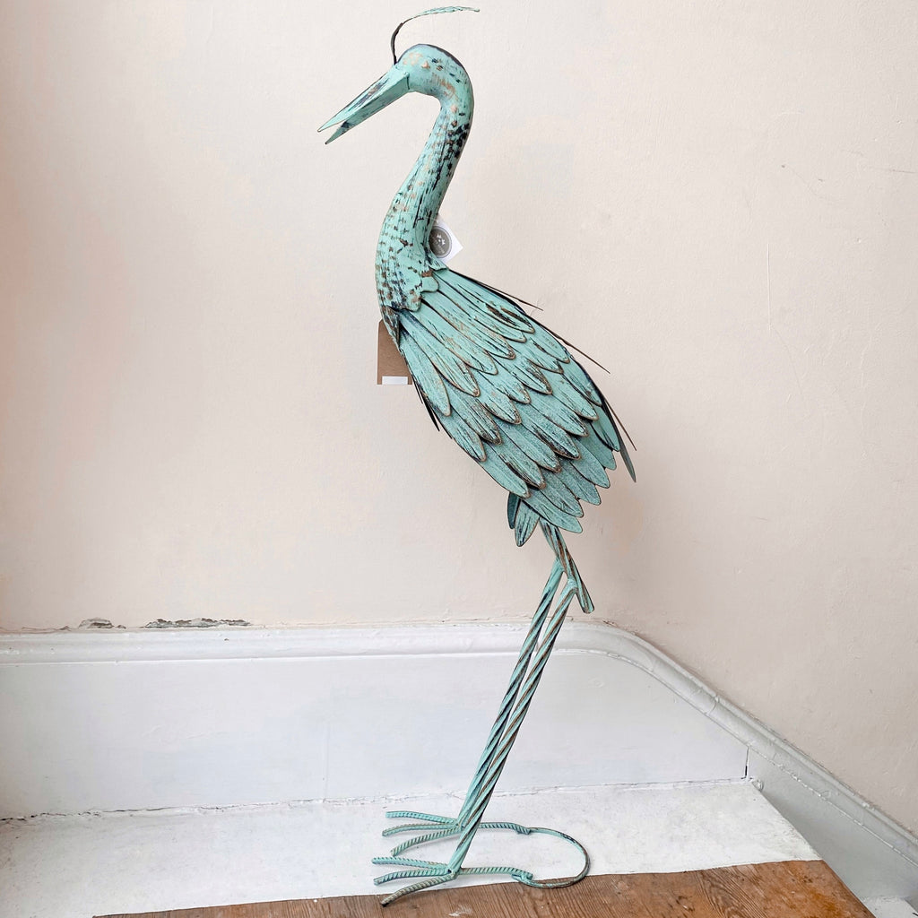 Verdigris Metal Heron Garden Ornament