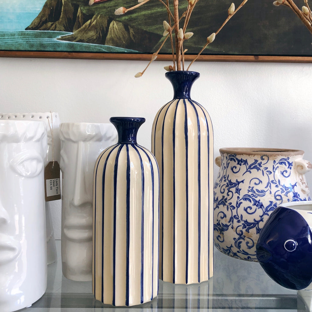 Tall Blue & White Striped Vase - 2 Sizes
