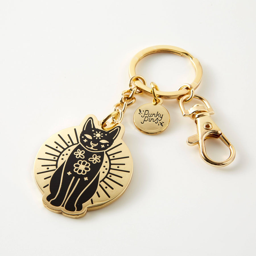 Punky Pins Enamel Keyring - Gold and Black Mystic Cat