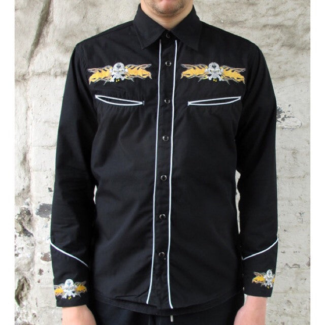 Mens Cowboy Shirt - Black with Yellow Skull & Flame Embroidery