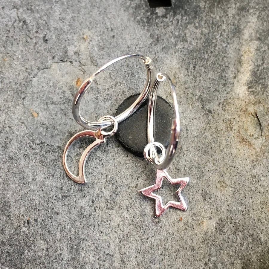 Star and Moon Hoop Earrings - 925 Silver