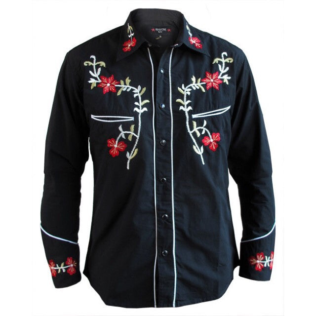 Mens Cowboy Shirt - Black with Red Floral Embroidery