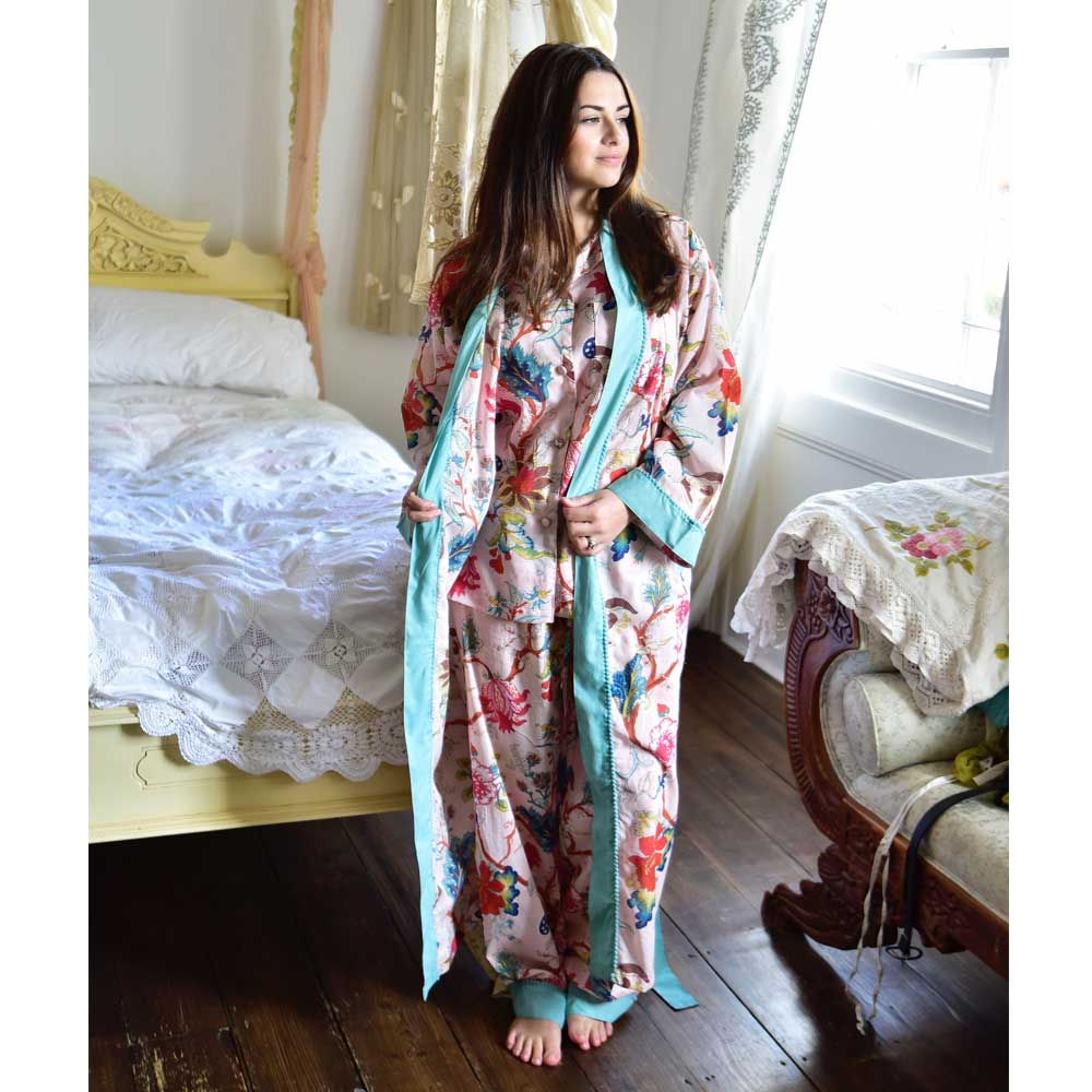 Cotton Exotic Blue Flower Dressing Gown