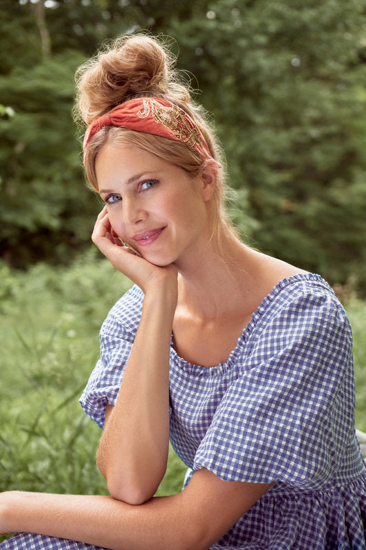 Velvet Beaded Headband - Elephant in Terracotta