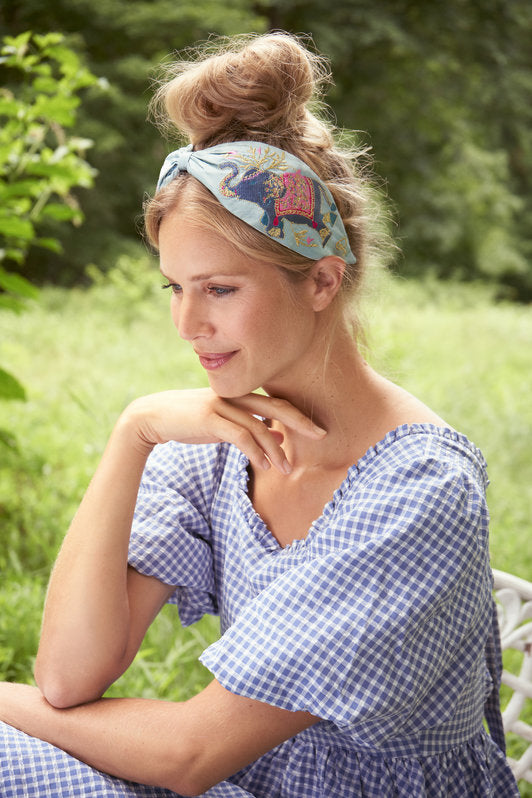 Satin Embroidered Headband - Elephant in Cornflower