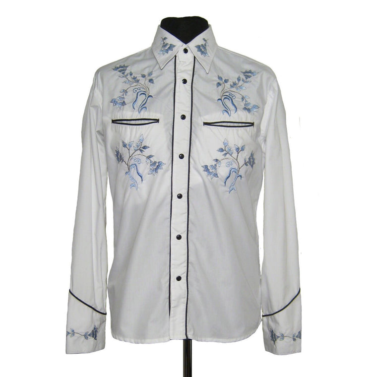 Cowboy Shirt - White with Blue Floral Embroidery