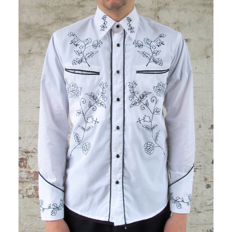 Cowboy Shirt - White with Black Floral Embroidery