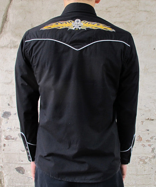 Cowboy Shirt - Black with Yellow Skull & Flame Embroidery