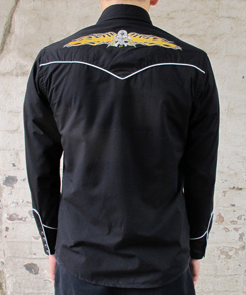 Mens Cowboy Shirt - Black with Yellow Skull & Flame Embroidery