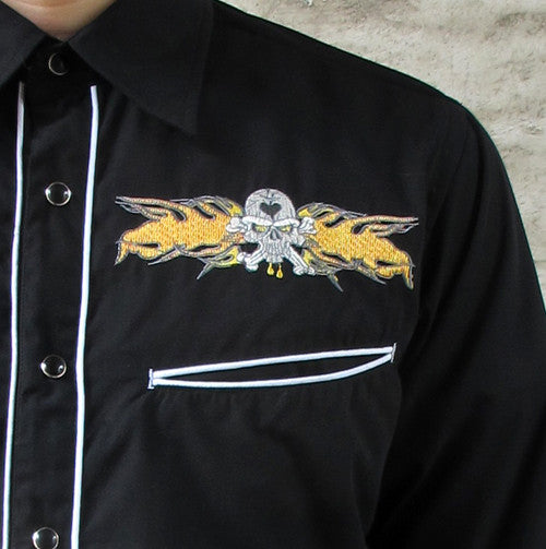 Cowboy Shirt - Black with Yellow Skull & Flame Embroidery