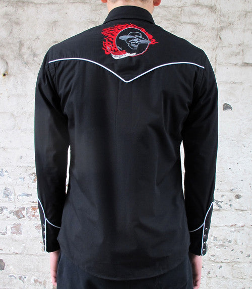 Cowboy Shirt - Black with Red Skull & Flame Embroidery