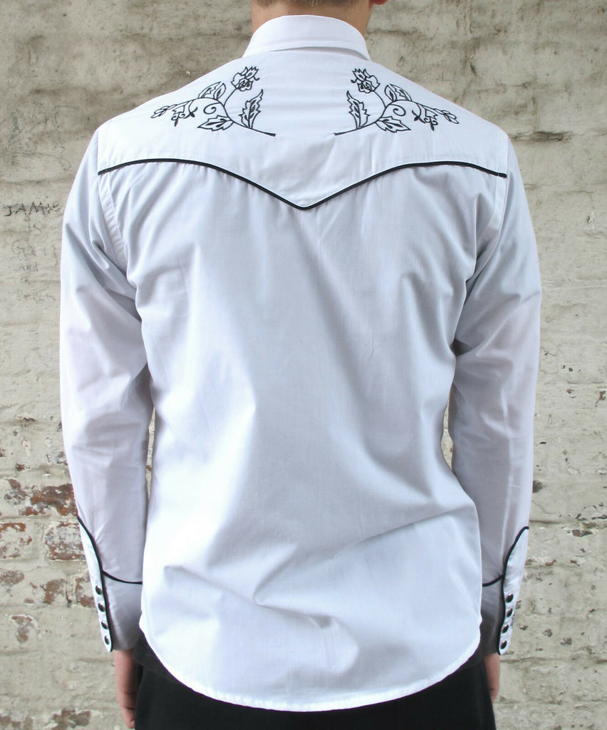 Mens Cowboy Shirt - White with Black Floral Embroidery